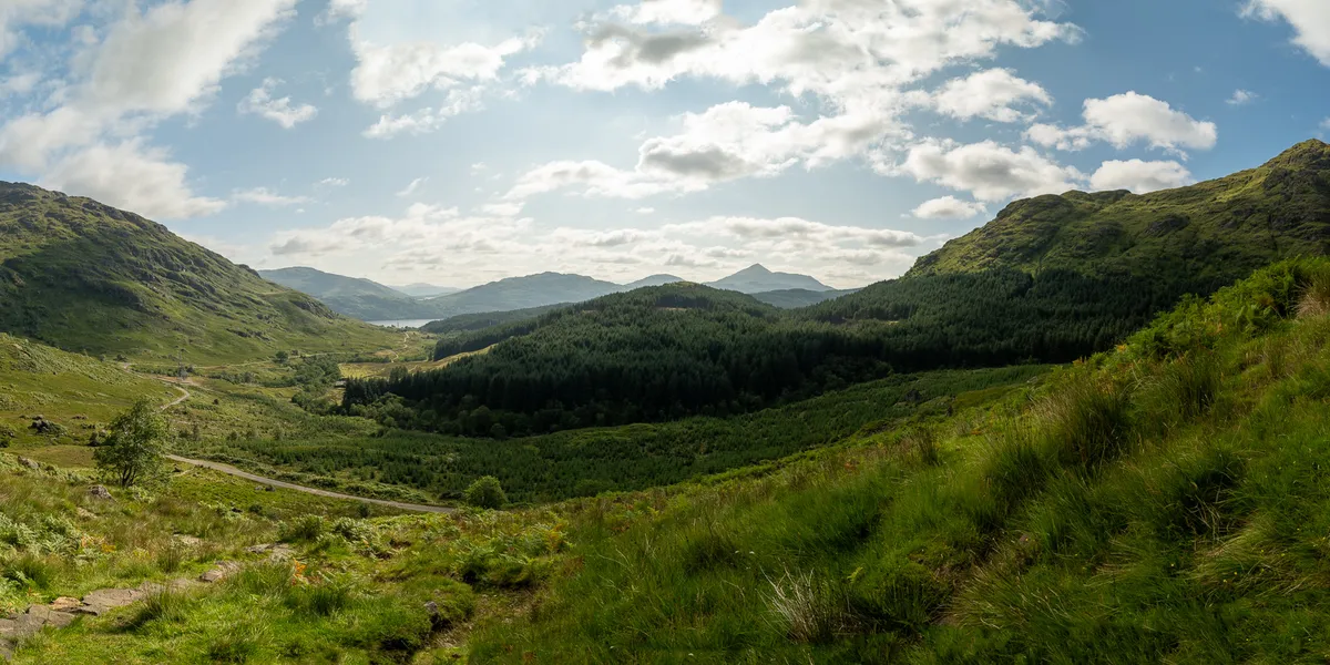 Panoramic view looking back down the route towards Loch Lomond from high on Ben Vane