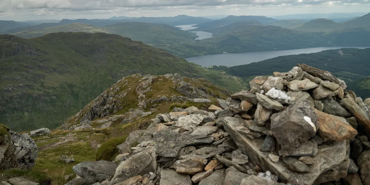 Looking down at the three lochs from Ben Vane's summit cairn