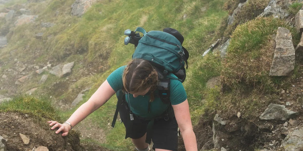 Donna at a challenging part of the scramble on Stuc a' Chroin